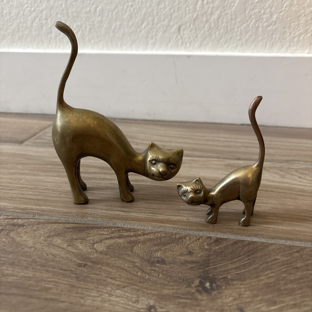 Mid Century Modern Brass Cat Figurine Pair Cat & Kitten